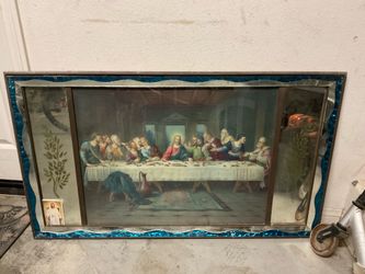 This vintage 1950s "The Last Supper" print features a distinctive wavy, rippled blue-tinted mirror border (often called a piecrust or scalloped mirror