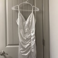 White Satin Ruched Mini Dress – Worn Once – Size L | Perfect for Graduation, Bachelorette, or Date Night