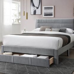 Queen Size Grey Linen Bed W Ortho Mattress 