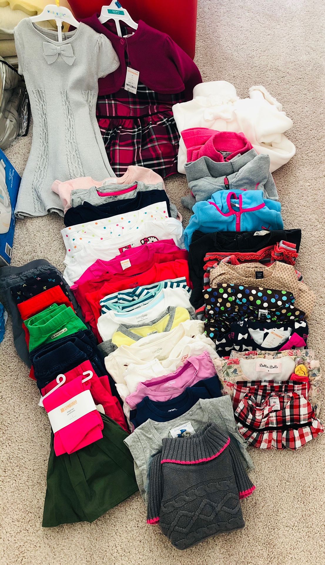 Lot of Girls Clothes Sizes 3T-4T. Brands include Carter’s, Polo, Tommy Hilfiger, Gap Kids, Gymboree, H&M, Puma, and Columbia.