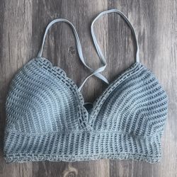 Hollister Swim Crochet Knit Bikini Top Blue Boho Women’s SZ S Swimwear 