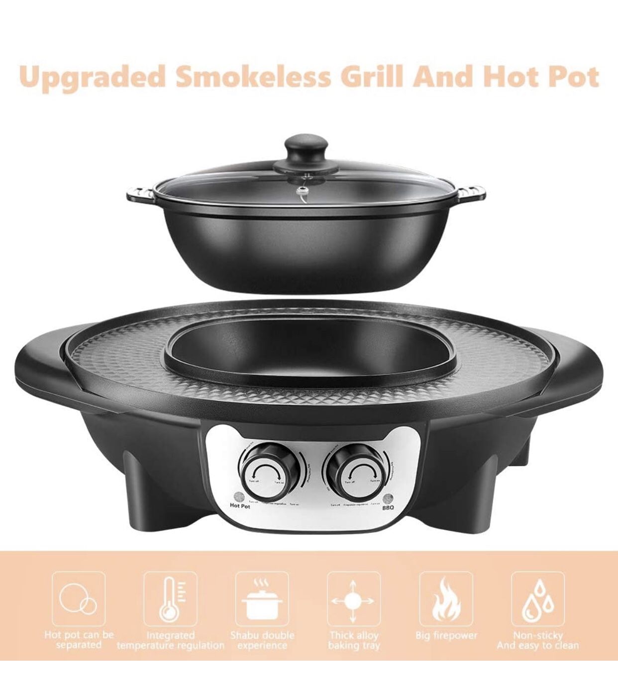 2 in 1 Portable Electric Grill Upgraded 2200W Electric Hot BBQ Pot for Indoor Outdoor Parties, Black
