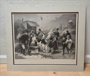 Antique 1860s Gustav Bartsch German Lithograph Print Im Winter Berlin Hesse Art 22x26"