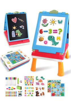 Easel for Kids, 4 in 1 Double Sided Art Easel with Chalkboard & Magnetic Whiteboard, Foldable Kids Tabletop Easel with Drawing & Writing Accessories -