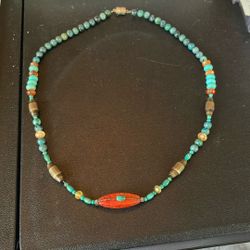 Turquoise,  Apple Coral, Carnelian and Brass necklace