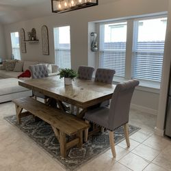 Custom  Dining Table Farm House farmhouse Modern Rustic Set Bench Restoration Hardware Breakfast Oval Table Solid Wood Custom Handcrafted Counter Bar 