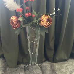Vintage MCM Iron & Scalloped Glass Floor Vase