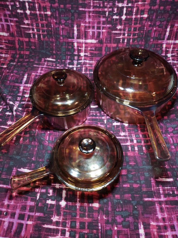 Vintage Vision Corning Pyrex Saucepans Lids Set 0.5 L, 1 L, 2.5 L Amber Glass Cookware
