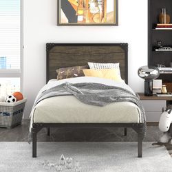 Twin Bed Frame with Wood Headboard, Space Saving, No Box Spring Needed, Noise Free
