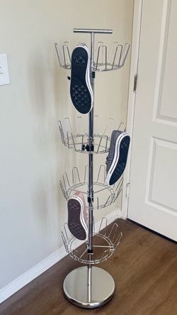 Household Essentials 4-Tier Revolving Shoe Tree, Heavy-Duty Steel with Stabilized Base, Holds 24 Pairs of Shoes, Great for Most Styles, Chromelike Fin
