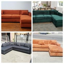 Brand NEW  9x5ft Sectional Sofa. CHAISE, Velvet  Ginger, Evergreen  Orange And 7X9FT Charcoal  FABRIC SECTIONAL CHAISE Sofa  2pc