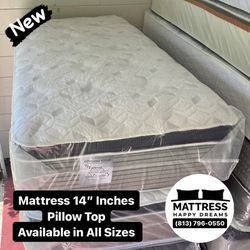Twin Size Mattress 14” Inches Thick Pillow Top. Quality and Comfort,  Available All Sizes. New From Factory. Same Day Delivery