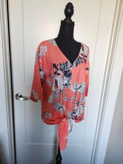 Coral Floral Tie Front Top