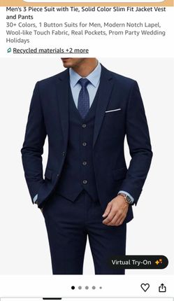 Men's 3 Piece Suit with Tie, Solid Color Slim Fit Jacket Vest and Pants