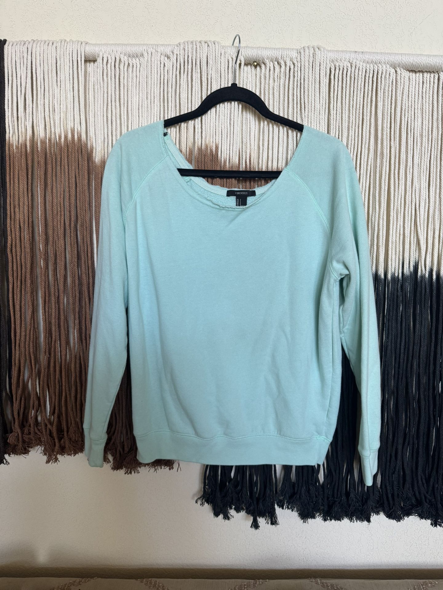 Light teal blue Forever 21 wide neck crewneck sweatshirt; perfect condition