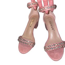 NWOT Allegra-K Women’s 7 Rose  Ankle Strap Chunky Heel Sandals embellished