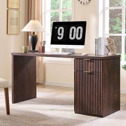 60" Modern Executive Desk with Storage, Wood Home Office Desk with Drawer & Cabinet, Fluted Computer Writing Desk for Study, Living Room, Be