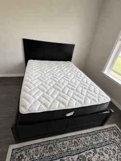 Queen Solid Wood Storage Bed + Firm Hybrid Mattress – Excellent Condition