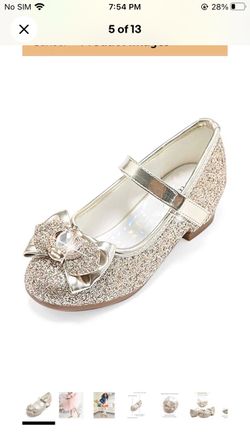Stelle Girls' Mary Jane Hook & Loop Dress Shoes Gold Glitter Bow Gem Low Heel