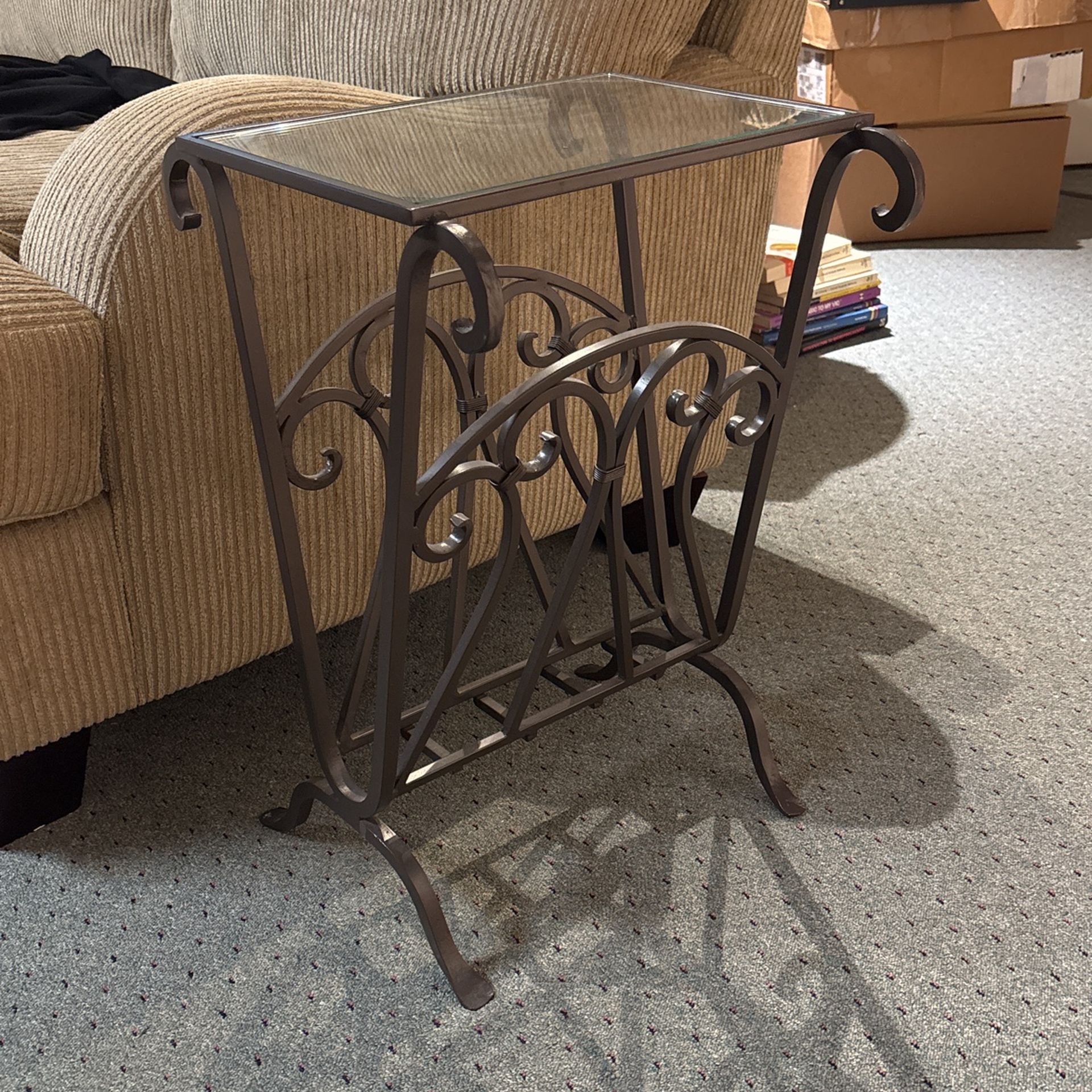 Glass And Iron Side Table With Magazine Rack