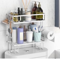 Over The Toilet Storage Shelf, 2-Tier Bathroom Storage Organizer Upgrade Punch-Free Toliet Storage Shelf, Home Storage Rack with Hooks Shelf,White