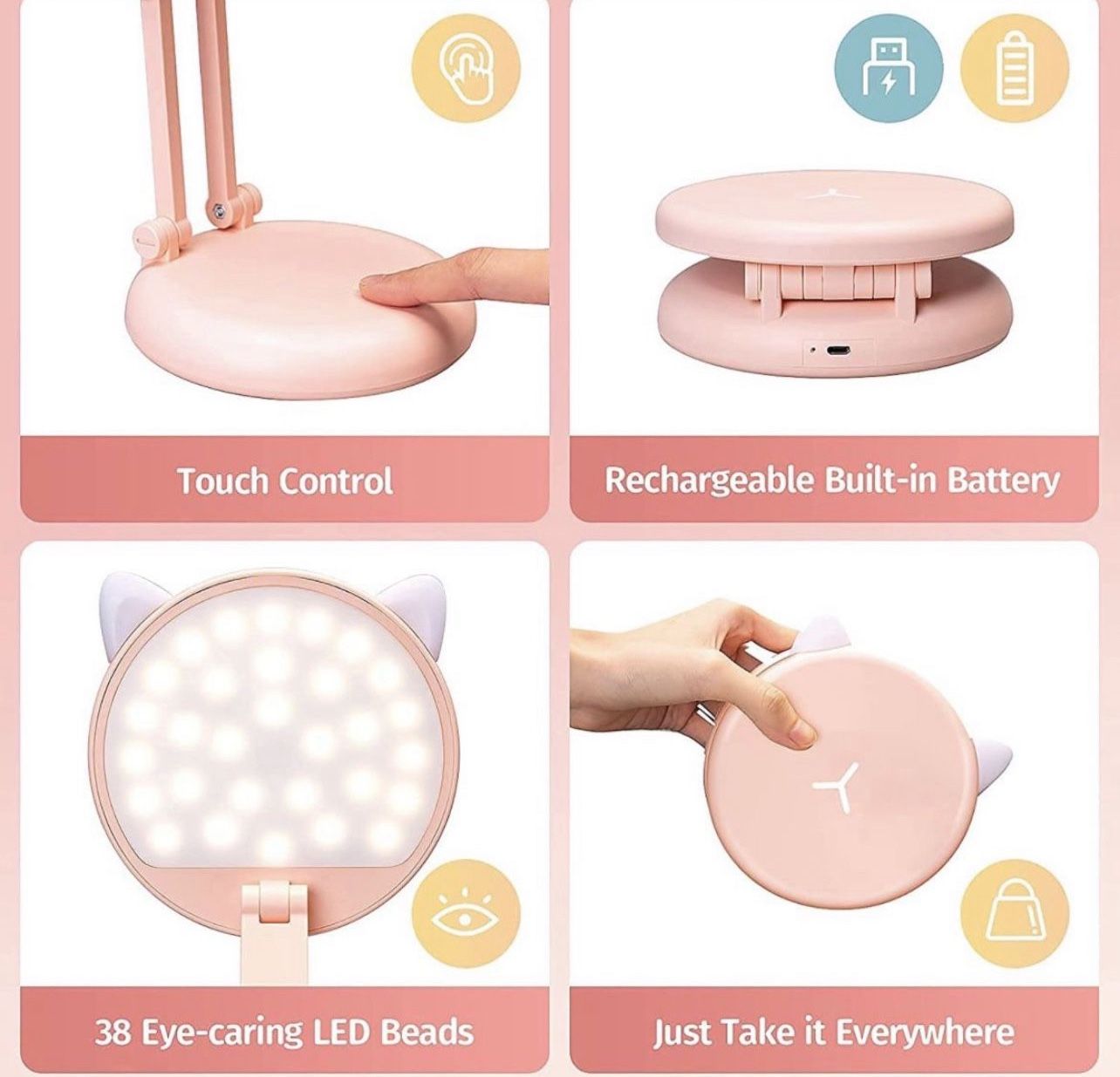 Cute Desk Lamp Pink Lamp Kawaii Desk Accessories, 8 Brightness Cute Lamp Cat Lamp Kawaii Accessories, Foldable & Portable Pink Cute Desk Accessories