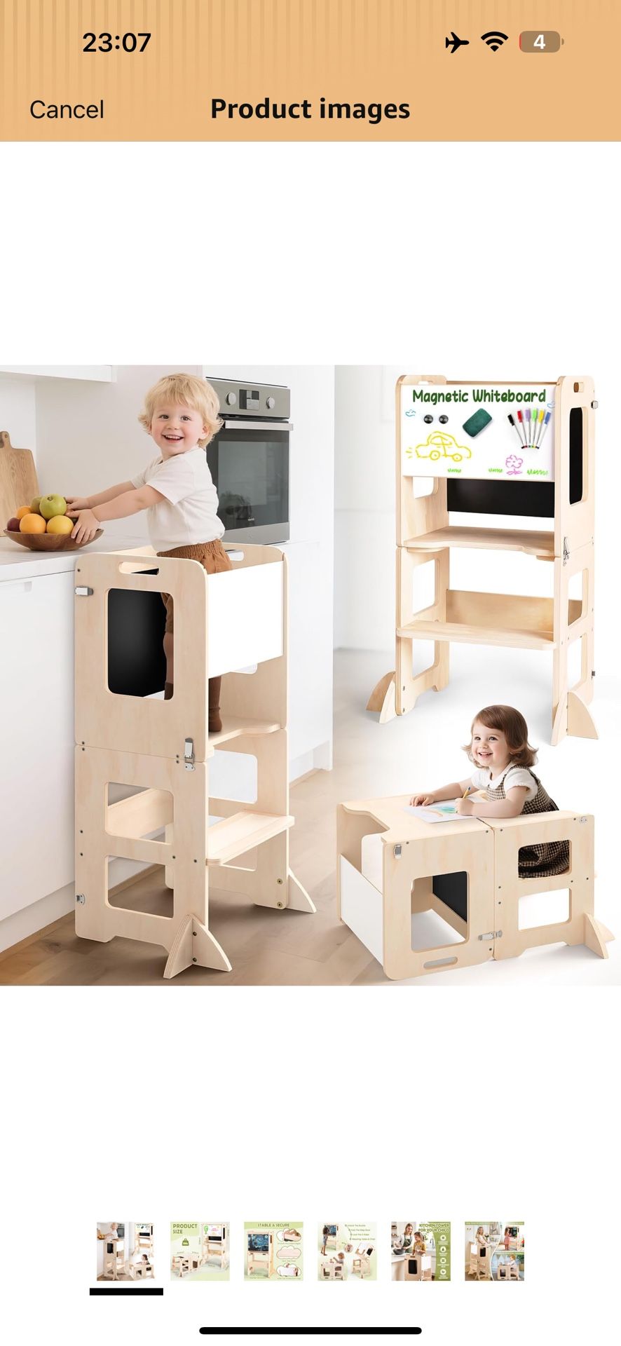 4-in-1 Toddler Kitchen Step Stool, Foldable Learning Standing Tower with Chalkboard and Whiteboard, Wooden Kitchen Stool Helper for Kids, 1-3 Year Old