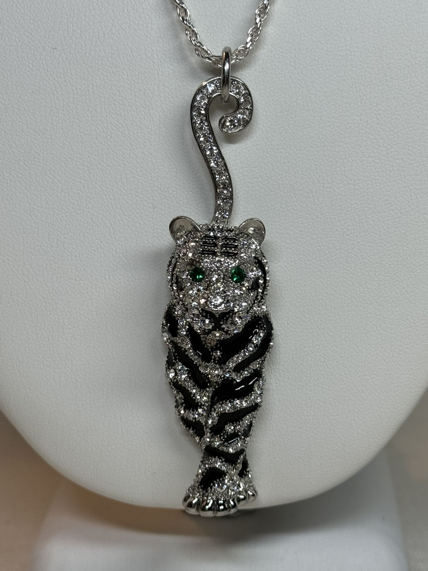 Rhinestone and Black Enamel Green Eyed Tiger Pendant Necklace