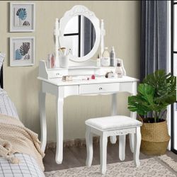 White wooden make up vanity with adjustable mirror 