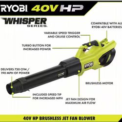 RYOBI 40V HP Brushless Whisper Series 190 MPH 730 CFM Cordless Battery Jet Fan Leaf Blower ( Tools Only)