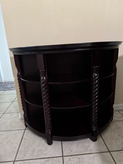 Dark Cherry Wood Demilune Console table with shelves