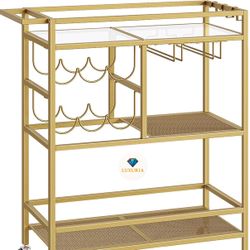 [SALE] Gold Bar Cart – 3-Tier Rolling Beverage Station with Wine Rack & Glass Holders