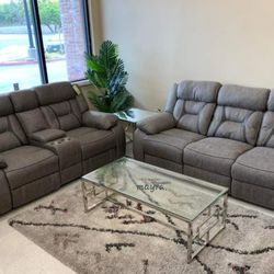Madrona Hill Gray Double Reclining Living Room Set,Sofa and Loveseat