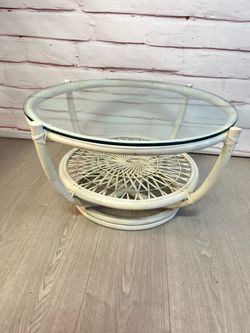 Round Vintage White Rattan Glass Side Table Coffee Table 