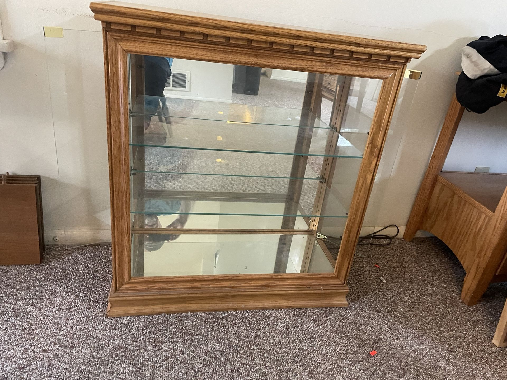 Oak Curio Cabinet with a Light 2glass Shelves And Glass Side Doors