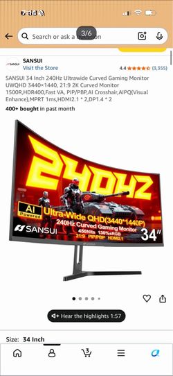 SANSUI 34 INCH 240HZ CURVED MONITOR