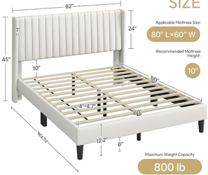 Beautiful Ivory Fabric Upholstered Queen Bed frame with Headboard