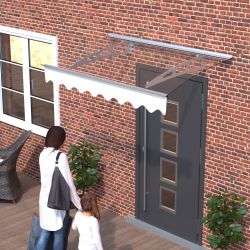 DA4734C Series Door Window Awning Made of 0.137 Inch Thick Crystal Solid Polycarbonate Sheet and Aluminum Alloy with Valance in size of 47 Wide x 34 D