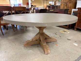 RESTORATION HARDWARE Belgian Trestle Grey Concrete & Teak Round Dining Table
