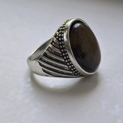 MENS NEW SIZE 9 TIGEREYE TITANIUM FOREVER WEAR SILVER EMBOSSED RING