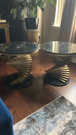 Pair of Black Marble and Gold Side Tables