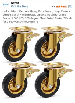 Nefish 6 Inch Outdoor Heavy Duty Caster, Large Castors Wheels Set of 4 with Brake, Durable Industrial Grade Casters 2600 LBS, 360 Degree Plate Swivel 