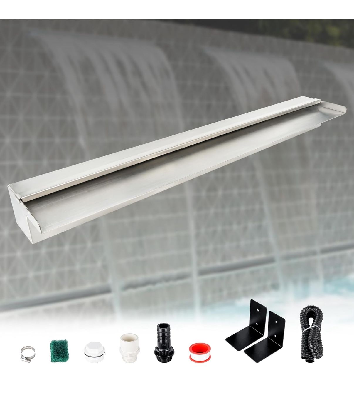 36 Inch Pool Fountain 304 Stainless Steel Waterfall Spillway with Pipe Connector Kits, Wider Water Flow Sheer