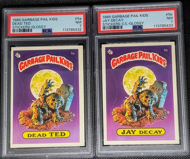 1985 Garbage Pail Kids Series 1 DEAD TED #5a & JAY DECAY #5b GLOSSY PSA 7 GRADE