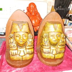 Collectors 2 PC Set Stone Made On Wood Blocks Stand Has Written Material On Back Very Old Antique Worth Alot Take Offers Only For Now