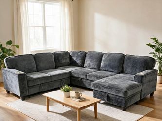 Charcoal Sleeper Sectional Sofa with Chaise and Cup Holders