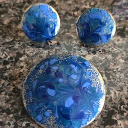 MCM Inga Carlson Copper & Peacock Enamel Brooch & Screw Back Earring Set Signed (VGUC)