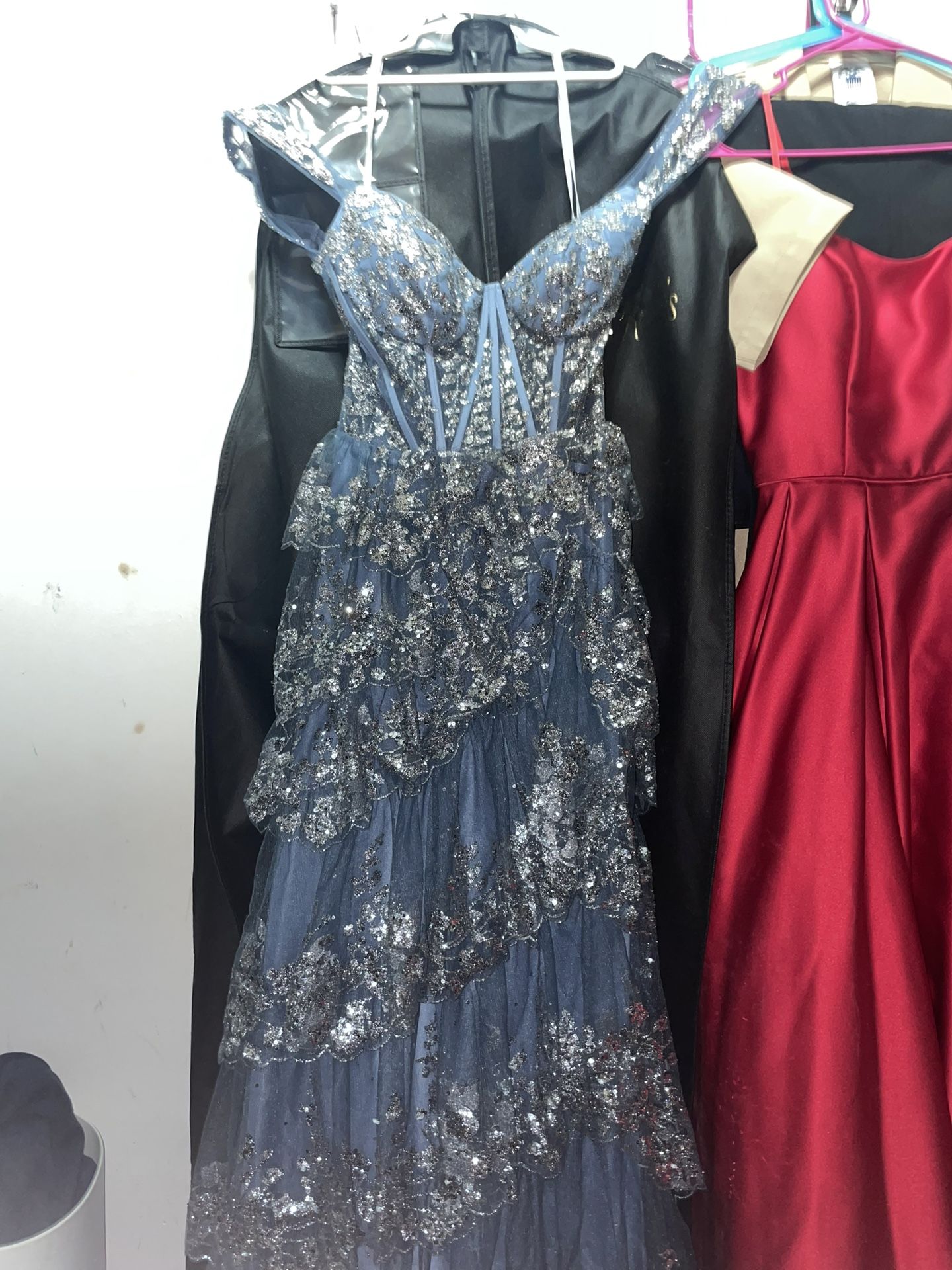 Glitter Sweetheart Off the Shoulder Mesh Corset Tiered Prom Gown