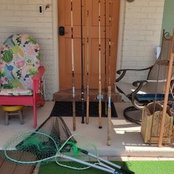 Fishing Gear Poles Rods Nets & One Reel & 3 Fishing Nets Package Deal