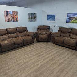 Contemporary Brown Fabric Recliner Couch with Matching Recliner Loveseat and Recliner Chair